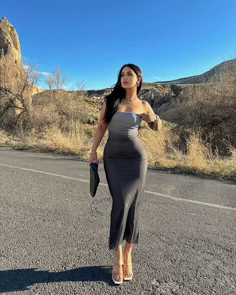 Bxucca | Gradient Tube Top Dress for Women – Slim-Fit Hip-Hugging Mid-Length Summer Skirt