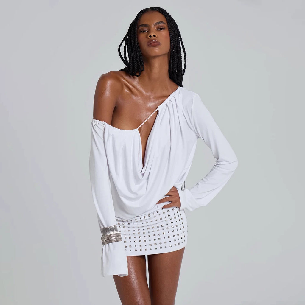 Bxucca | Chic Off-Shoulder Diagonal Neck Dress for Women – Slim-Fit Long Sleeve Evening Outfit