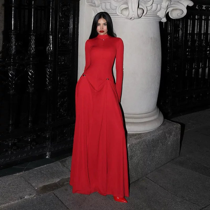 Bxucca | Red Half-Turtleneck Long-Sleeve Dress for Women – Floor-Length Elegant Flared Skirt