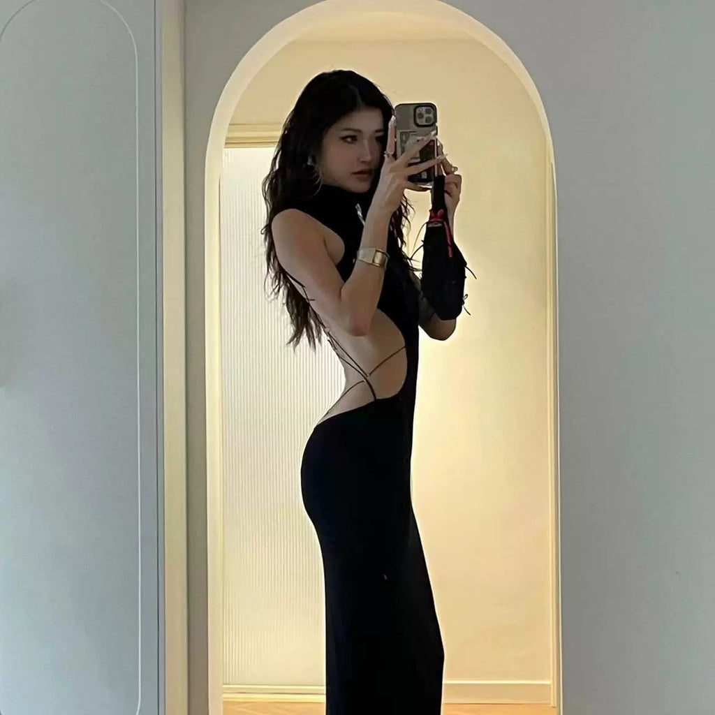 Bxucca | Backless Bow Long Dress for Women – Sexy Half-Turtleneck Evening Gown