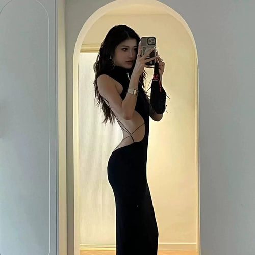 Bxucca | Backless Bow Long Dress for Women – Sexy Half-Turtleneck Evening Gown