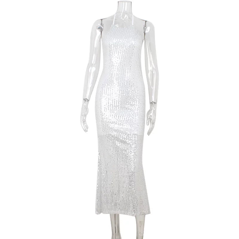 Bxucca | Sequin Halter Dress for Women – Sexy Backless Figure-Hugging Long Skirt