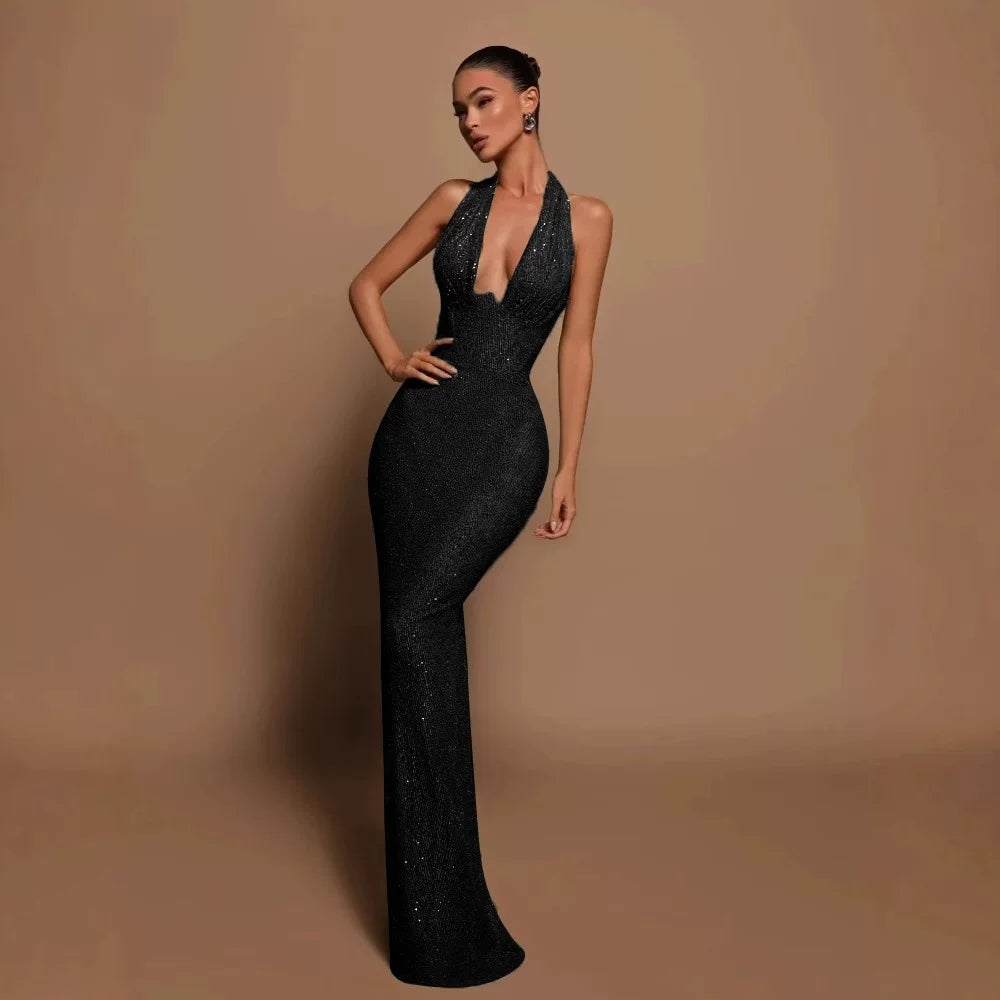 Bxucca | Sequined V-Neck Halter Dress for Women – Sexy Floor-Length Evening Gown
