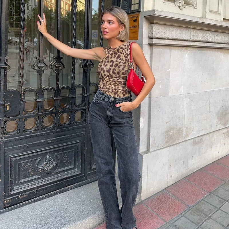 Bxucca | Leopard Print Slant Collar High-Waist Jumpsuit for Women – Slim-Fit Pleated One-Piece