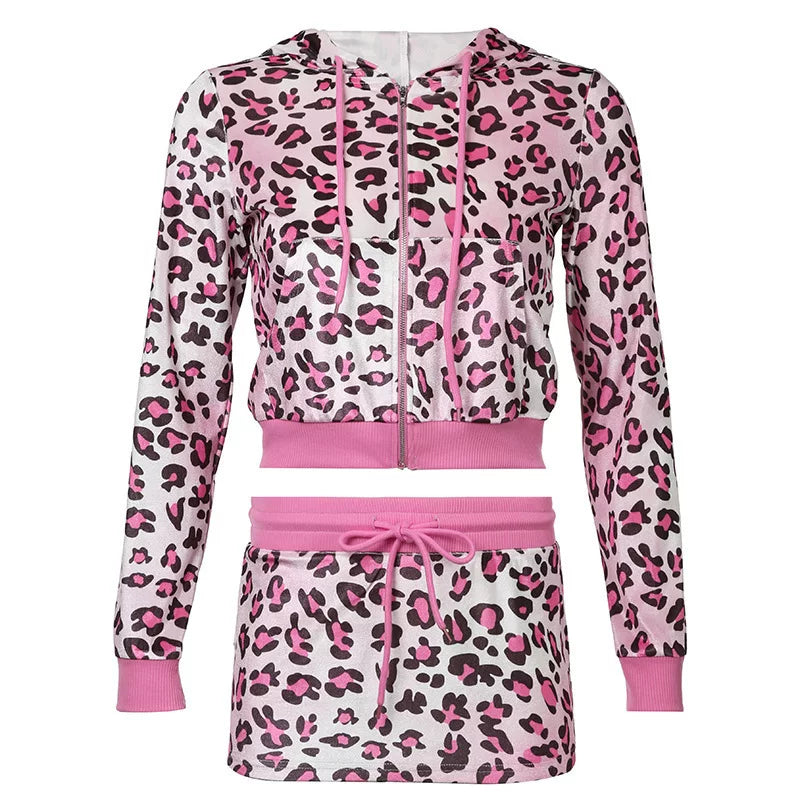 Bxucca | Pink Leopard Print Two-Piece Set for Women – Hooded Long Sleeve Top & Hip-Covering Skirt