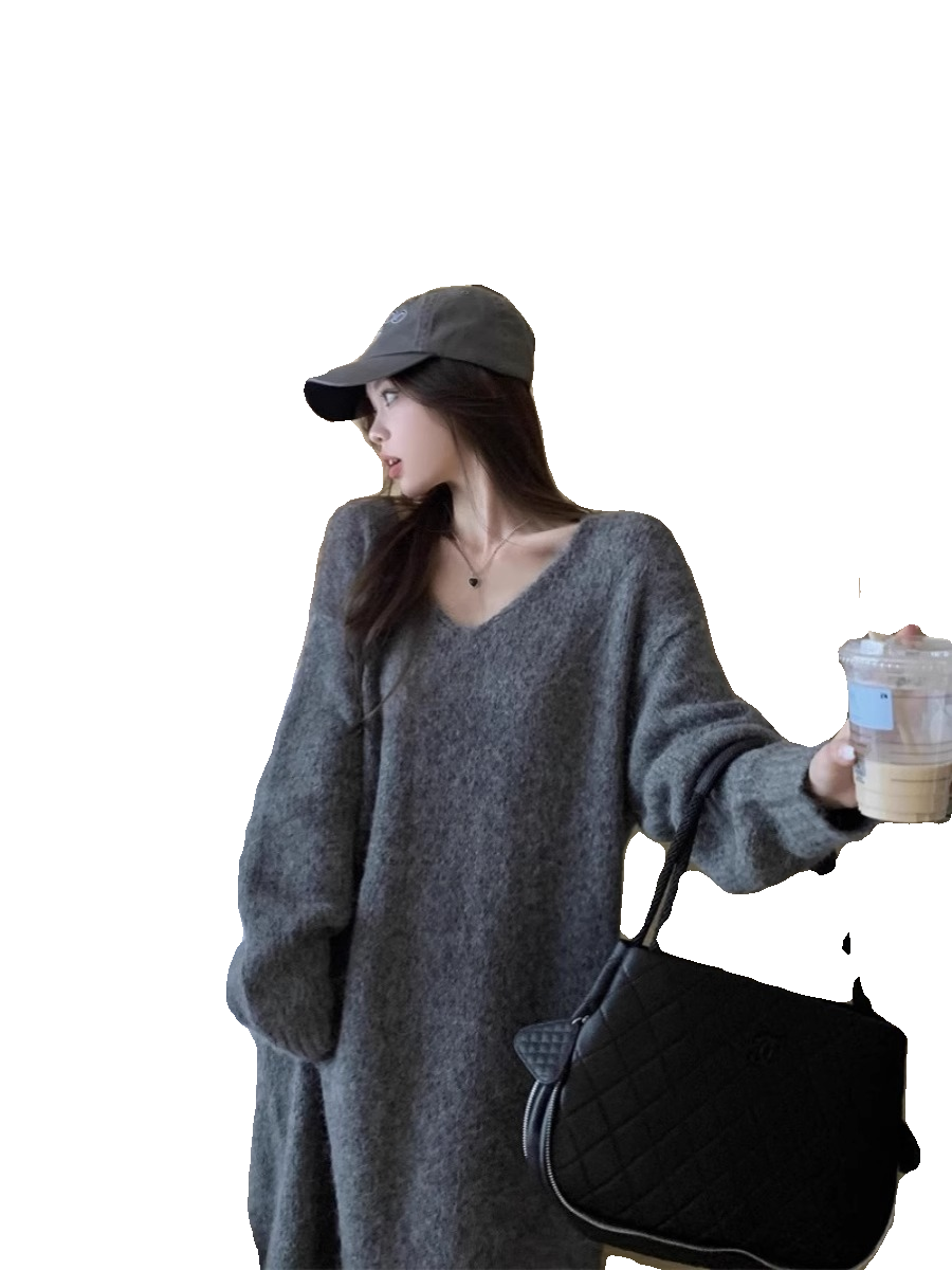 Bxucca | Cozy V-Neck Knit Dress for Women – Loose-Fit Mid-Length Sweater for Autumn & Winter