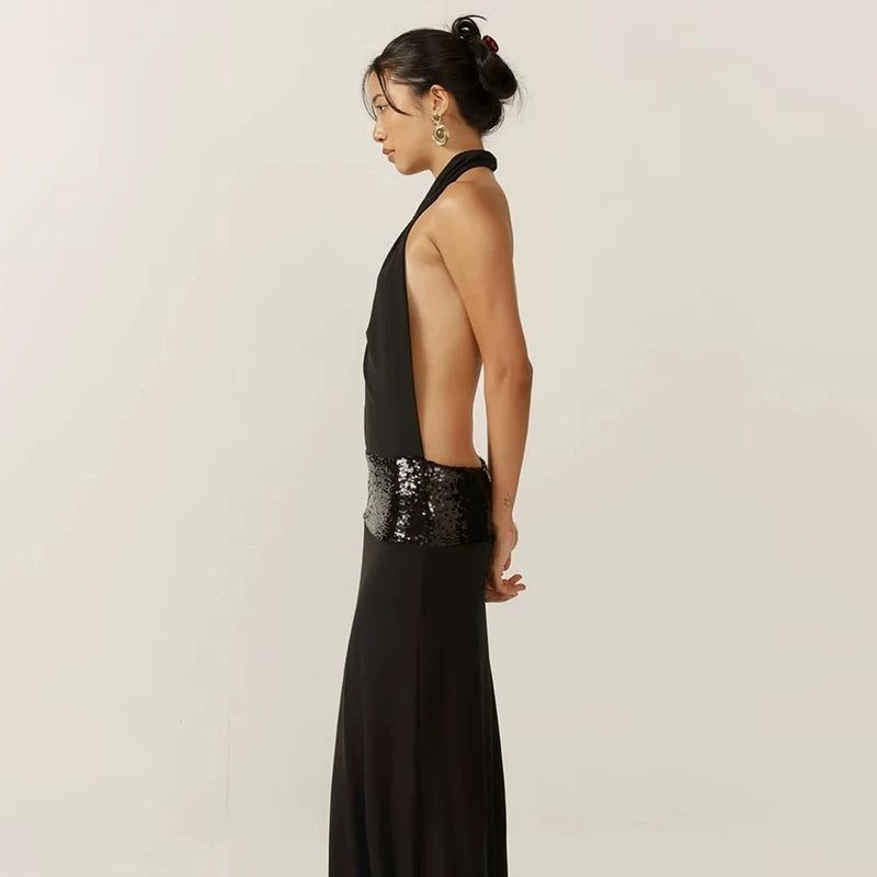 Bxucca | Black Backless Halter Sling Dress for Women – Floor-Length Hip-Covering Evening Gown