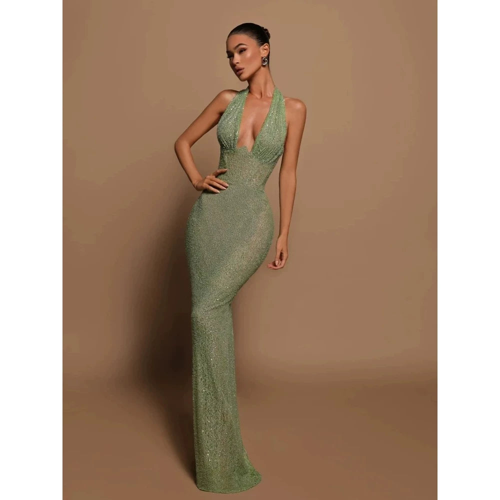 Bxucca | Sequined V-Neck Halter Dress for Women – Sexy Floor-Length Evening Gown