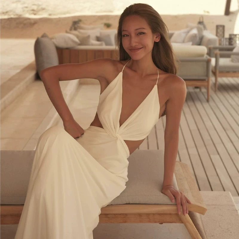 Bxucca | Deep V Halterneck Dress for Women – Elegant Vacation and Beach Party Outfit