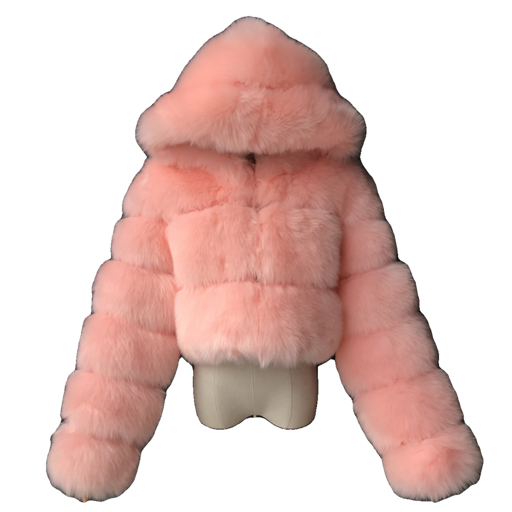 Bxucca | Y2K Faux Fur Hooded Coat for Women – Winter Zip-Up Short Jacket