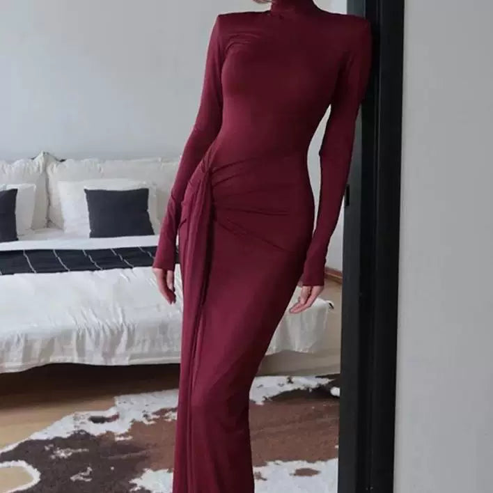 Bxucca | High-Collar Slim Dress for Women – Strap High-Slit Hip-Covering Long Skirt