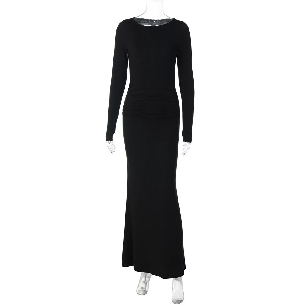 Bxucca | Hollow Slim Backless Dress for Women – Elegant Long Solid Color Evening Gown