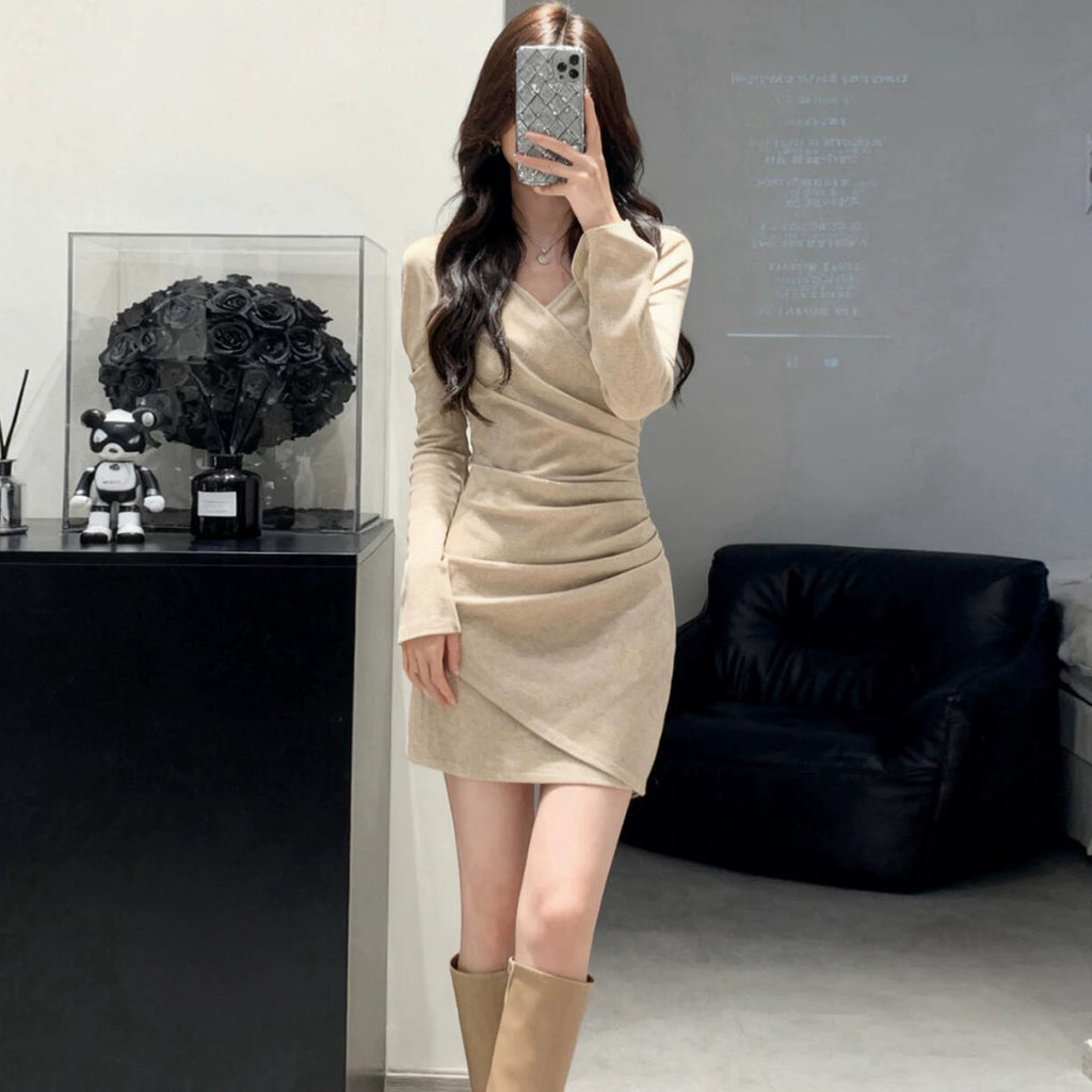 Bxucca | Women's Winter V-Neck Knitted Dress – Slim-Fit Long Sleeve Mini Dress with Defined Waistline