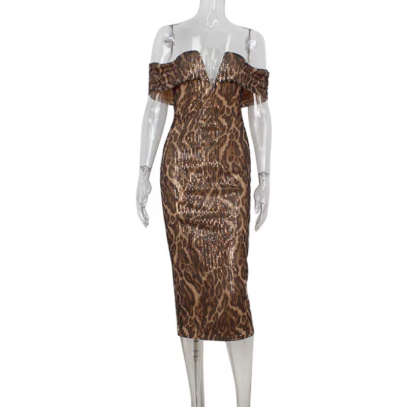 Bxucca | One-Shoulder V-Neck Leopard Print Dress for Women – Sequined Long Skirt Evening Outfit