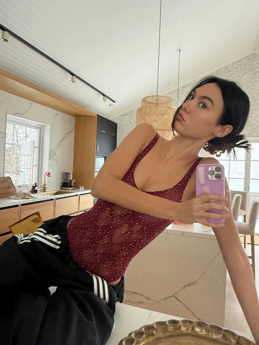 Bxucca | Rhinestone Mesh U-Neck Suspender Jumpsuit for Women – Slim-Fit One-Piece Top