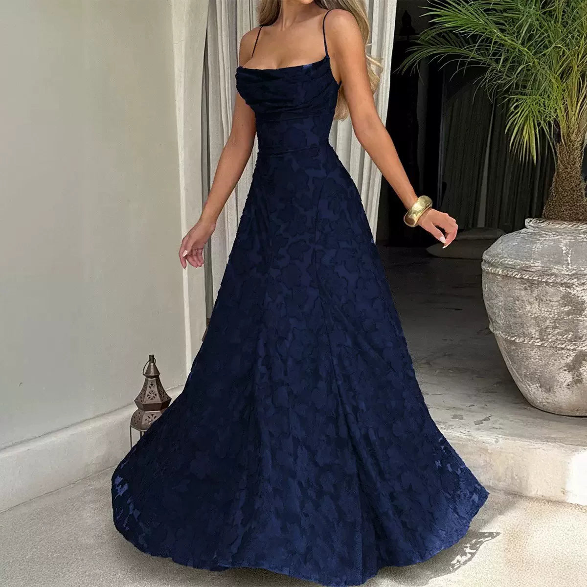 Bxucca | Jacquard Floor-Length Dress for Women – Square Neck Backless Straps Slim Waist Design