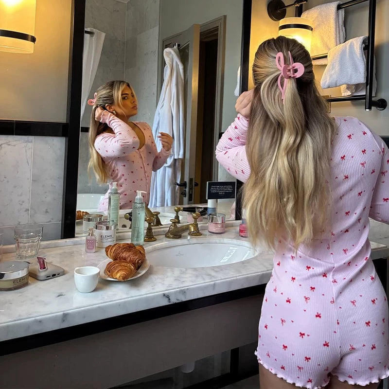 Bxucca | U-Neck Long-Sleeve Jumpsuit for Women – Mini Bow Print One-Piece Pants