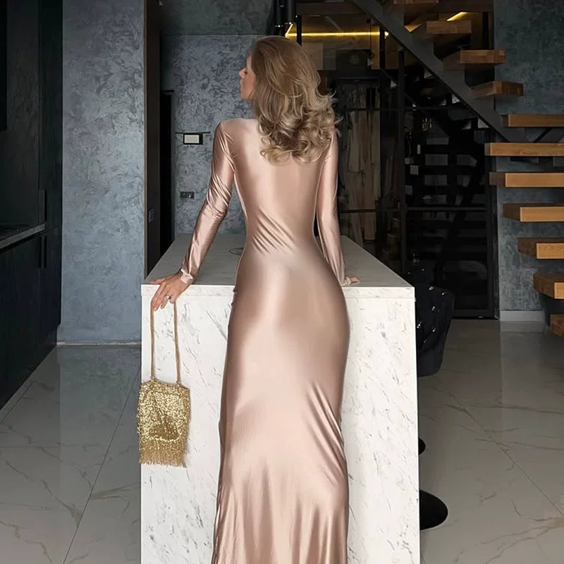 Bxucca | Elegant Long-Sleeve Slim Dress for Women – Chic Autumn 2025 Swing Collar Evening Outfit