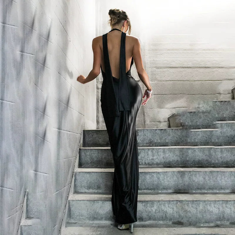 Bxucca | Deep V Halter Dress for Women – Sexy Backless High-Slit Long Skirt Evening Gown