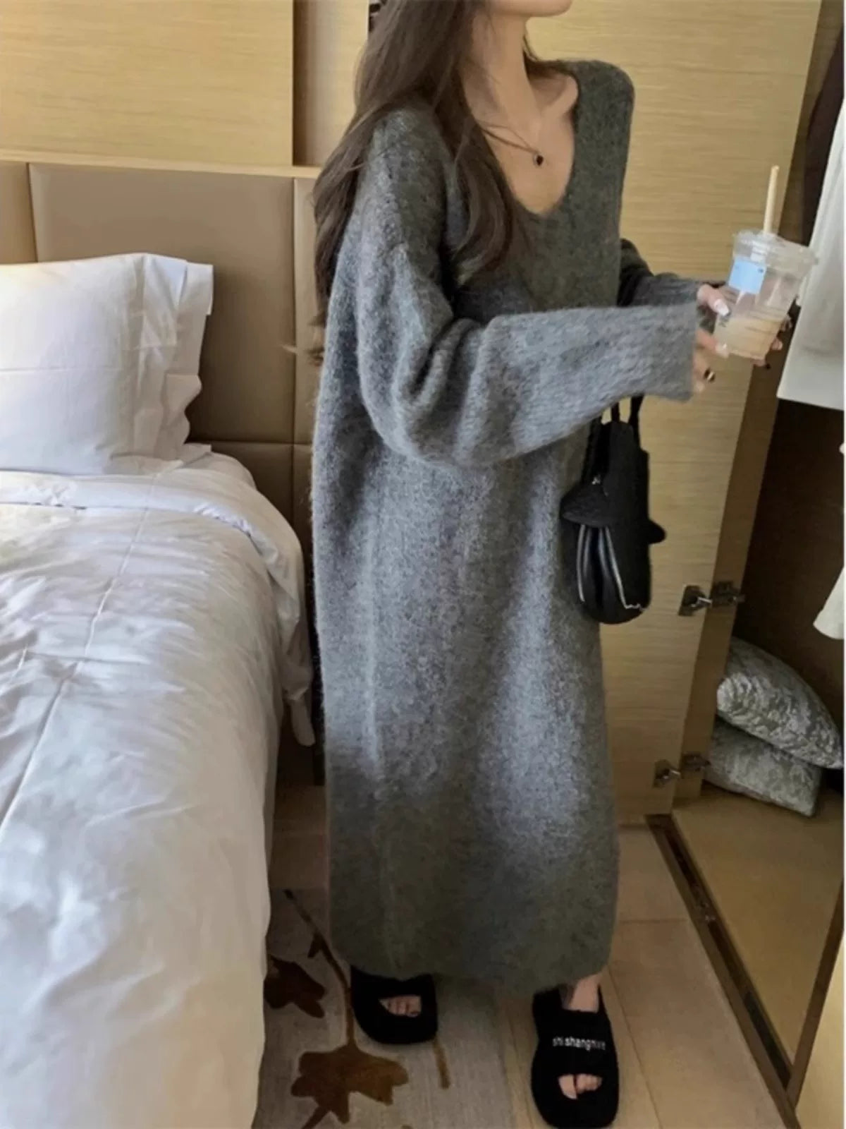 Bxucca | Cozy V-Neck Knit Dress for Women – Loose-Fit Mid-Length Sweater for Autumn & Winter