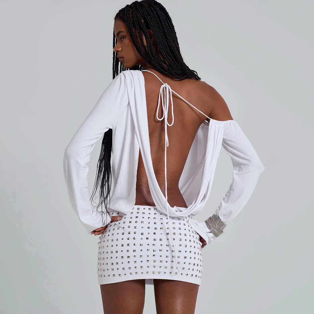 Bxucca | Chic Off-Shoulder Diagonal Neck Dress for Women – Slim-Fit Long Sleeve Evening Outfit