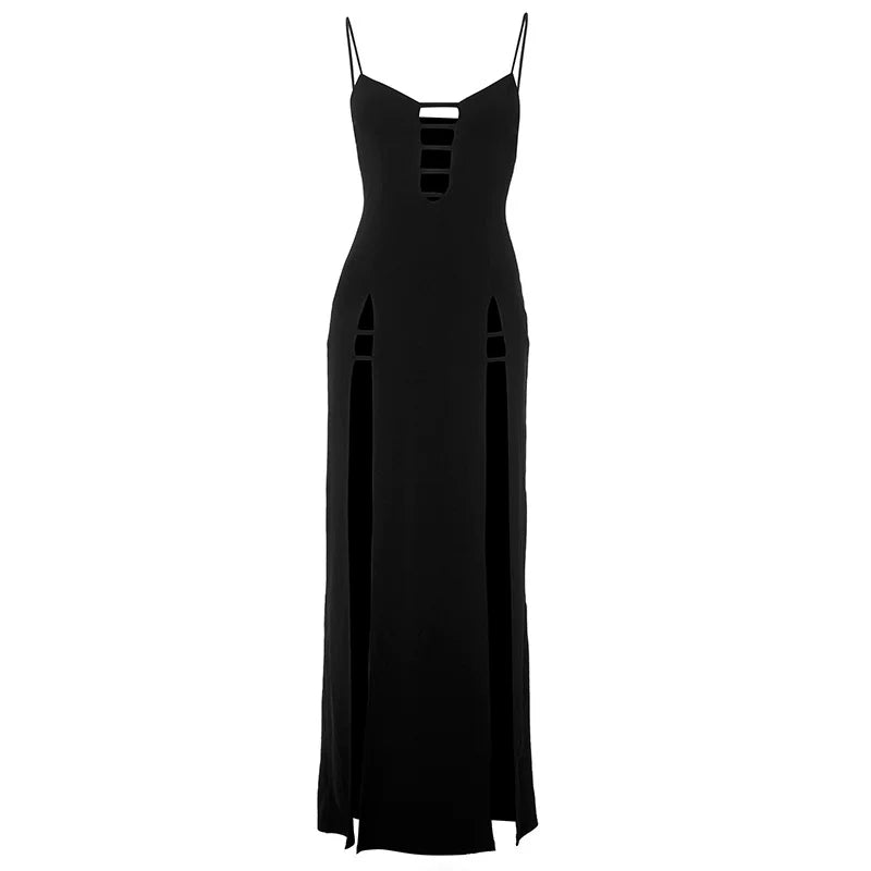 Bxucca | V-Neck Hollow Suspender Dress for Women – Slim-Fit Backless High-Slit Long Summer Gown