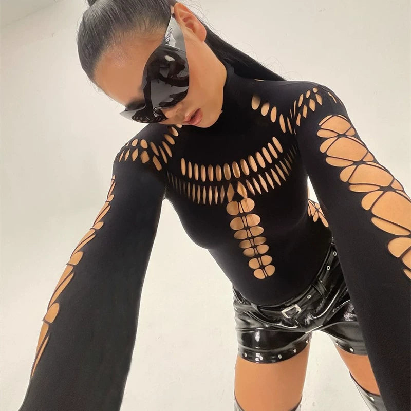 Bxucca | Hollow High-Neck Long-Sleeve Slim-Fit Top for Women – Street Style Summer One-Piece