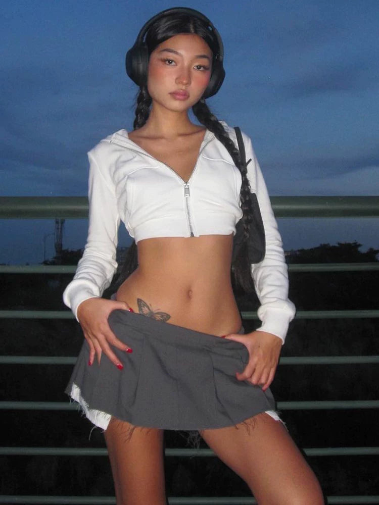 Bxucca | Cropped High-Waist Hooded Zip-Up Jacket for Women – Slim-Fit Long Sleeve Casual Top