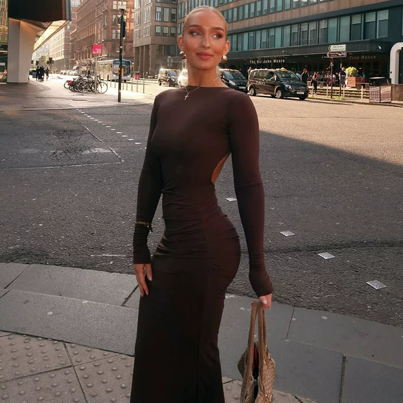 Bxucca | Hollow Slim Backless Dress for Women – Elegant Long Solid Color Evening Gown