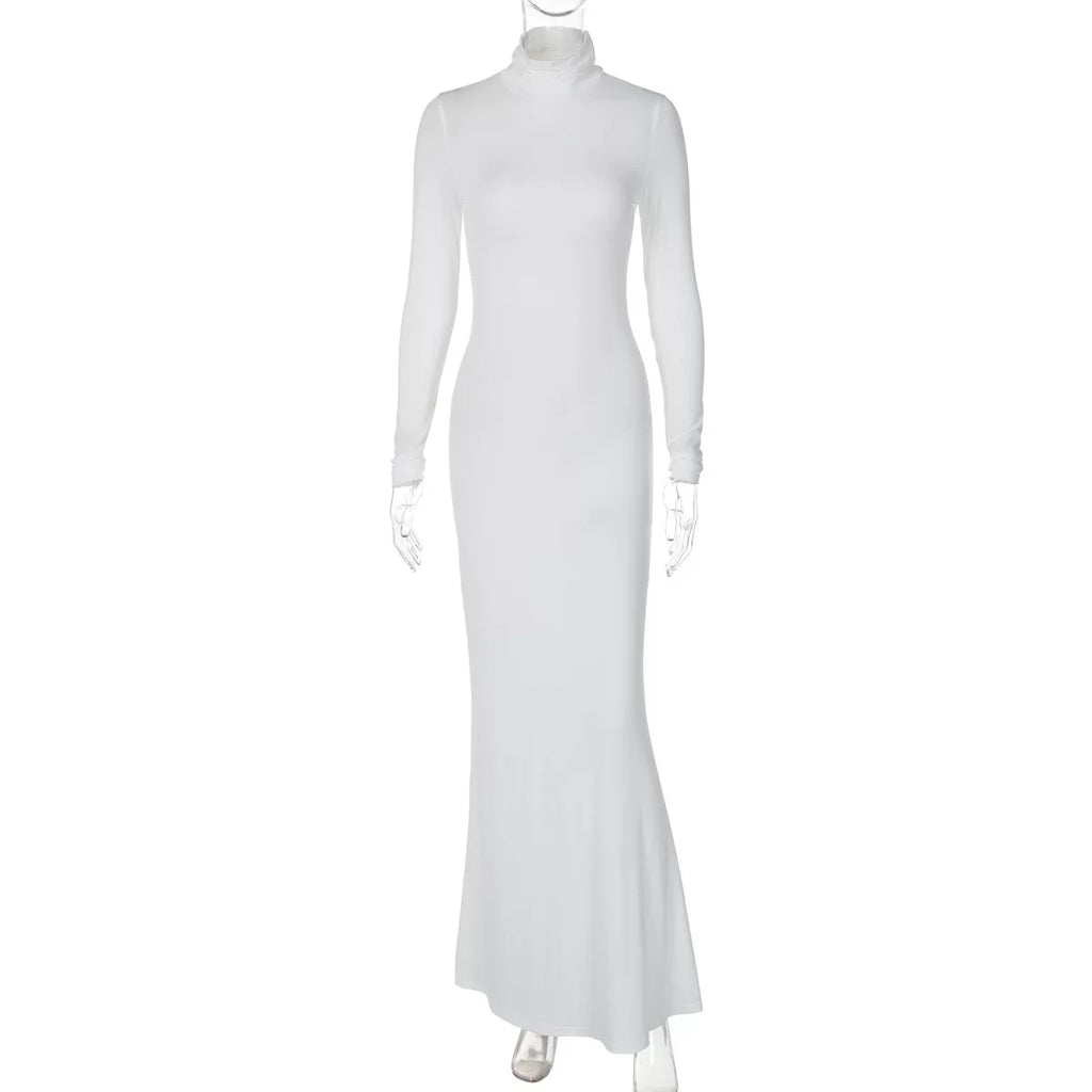 Bxucca | High-Collar Long-Sleeve Dress for Women – Slim-Fit Hip-Covering Solid Color Long Gown