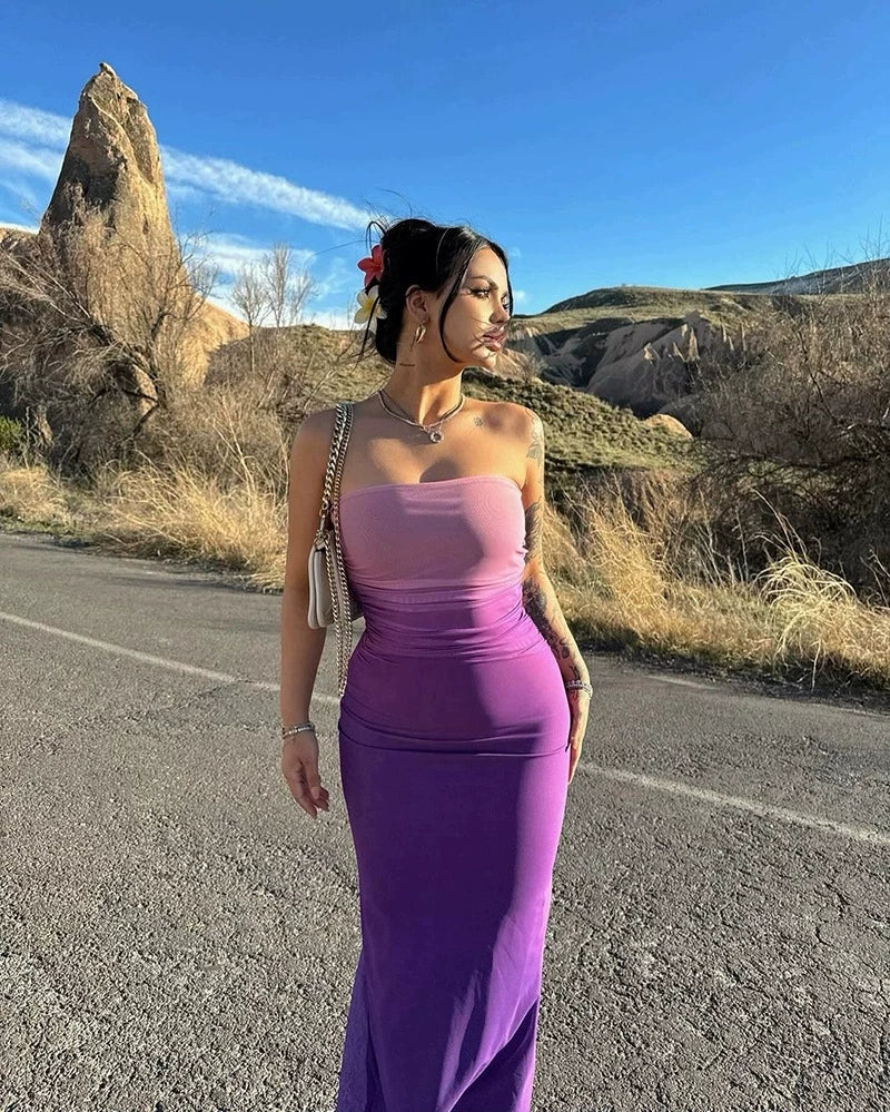 Bxucca | Gradient Tube Top Dress for Women – Slim-Fit Body-Flattering Long Skirt