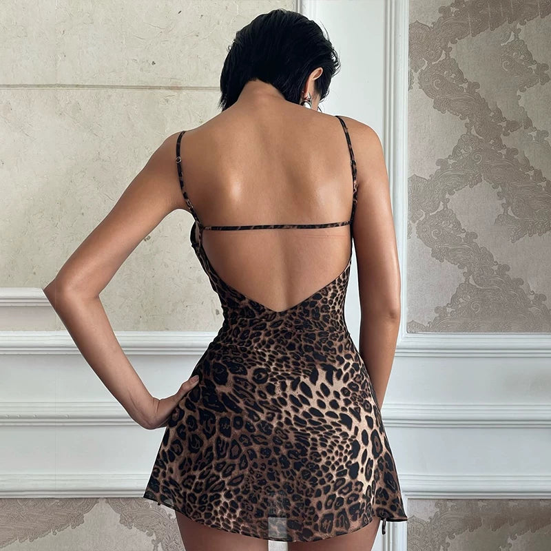 Bxucca | Leopard Print V-Neck Suspender Dress for Women – Slim-Fit Backless Short Skirt
