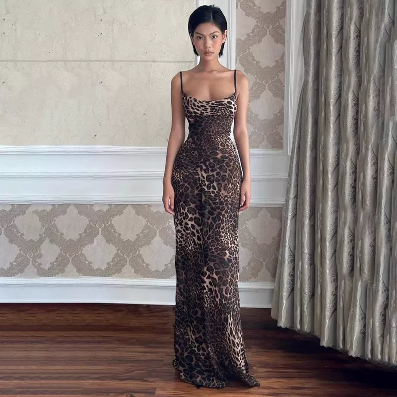 Bxucca | Leopard Print V-Neck Suspender Dress for Women – Slim-Fit Backless Short Skirt