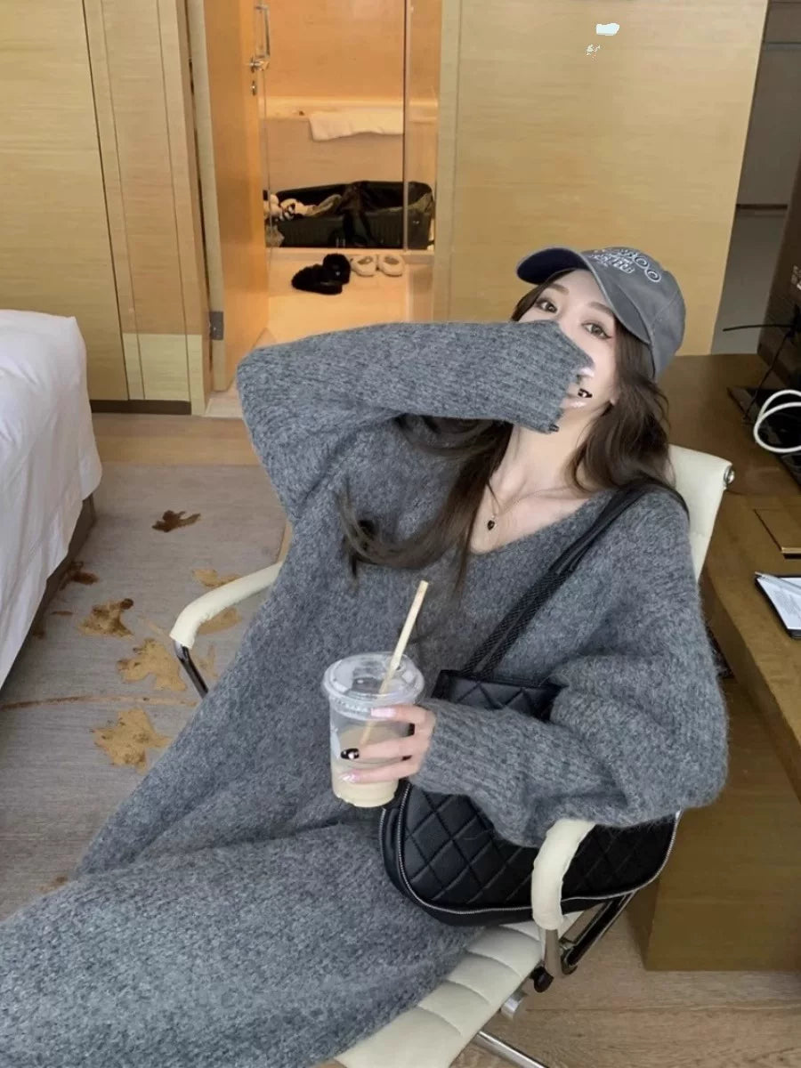 Bxucca | Cozy V-Neck Knit Dress for Women – Loose-Fit Mid-Length Sweater for Autumn & Winter