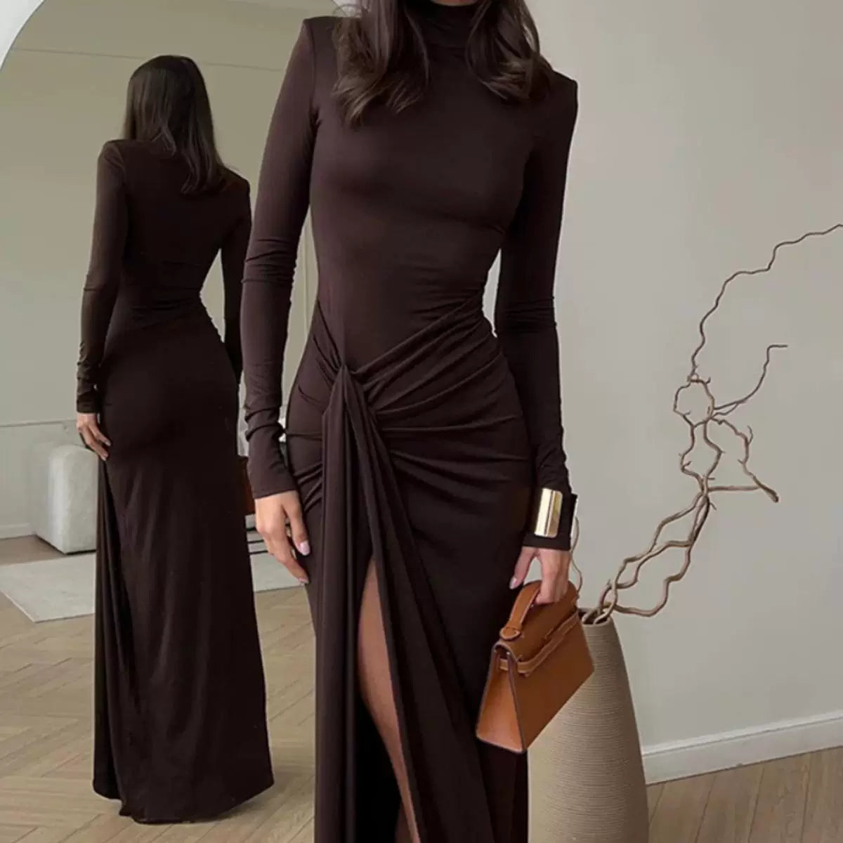 Bxucca | High-Collar Slim Dress for Women – Strap High-Slit Hip-Covering Long Skirt