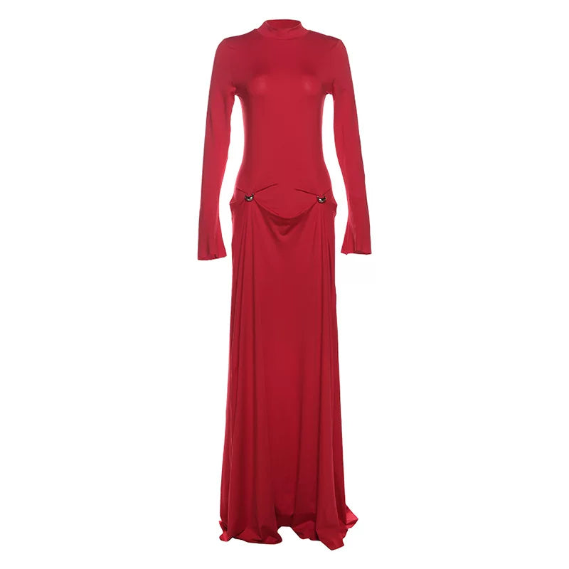 Bxucca | Red Half-Turtleneck Long-Sleeve Dress for Women – Floor-Length Elegant Flared Skirt