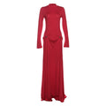 Bxucca | Red Half-Turtleneck Long-Sleeve Dress for Women – Floor-Length Elegant Flared Skirt