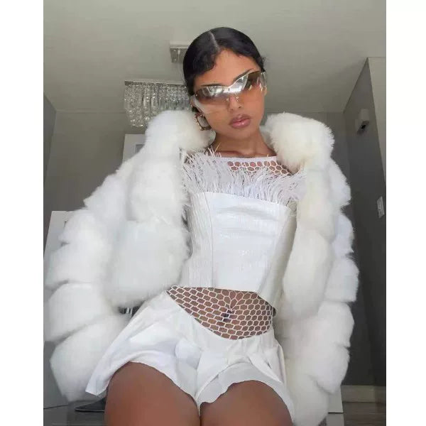 Bxucca | Y2K Faux Fur Hooded Coat for Women – Winter Zip-Up Short Jacket