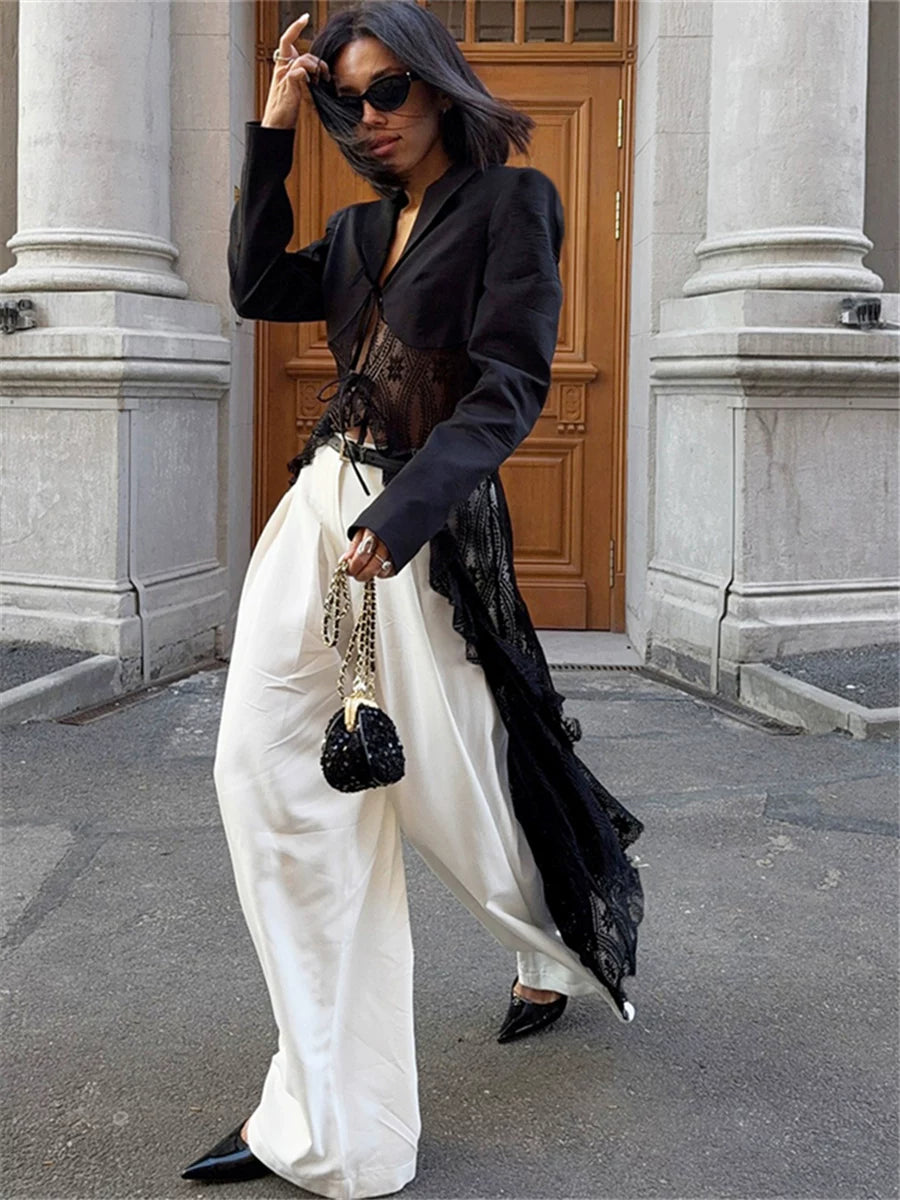 Bxucca | Lace Spliced Lace-Up Cardigan for Women – Slim-Fit Stylish Jacket Top