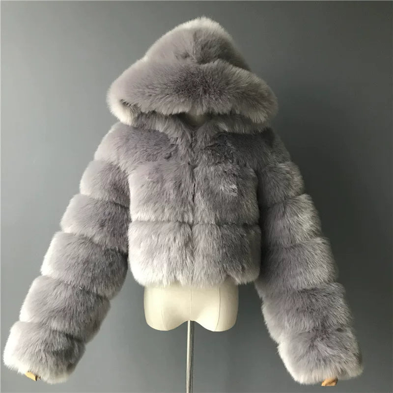 Bxucca | Y2K Faux Fur Hooded Coat for Women – Winter Zip-Up Short Jacket