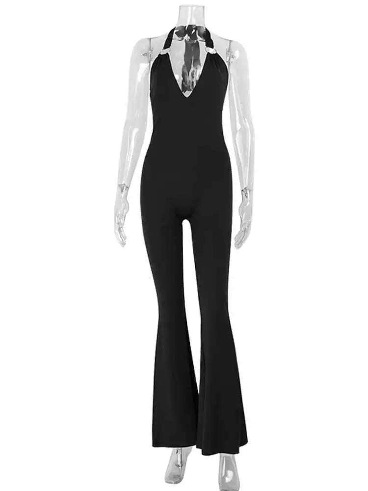 Bxucca | V-Neck Halter Backless Jumpsuit for Women – Slim-Fit Slightly Flared Trousers One-Piece
