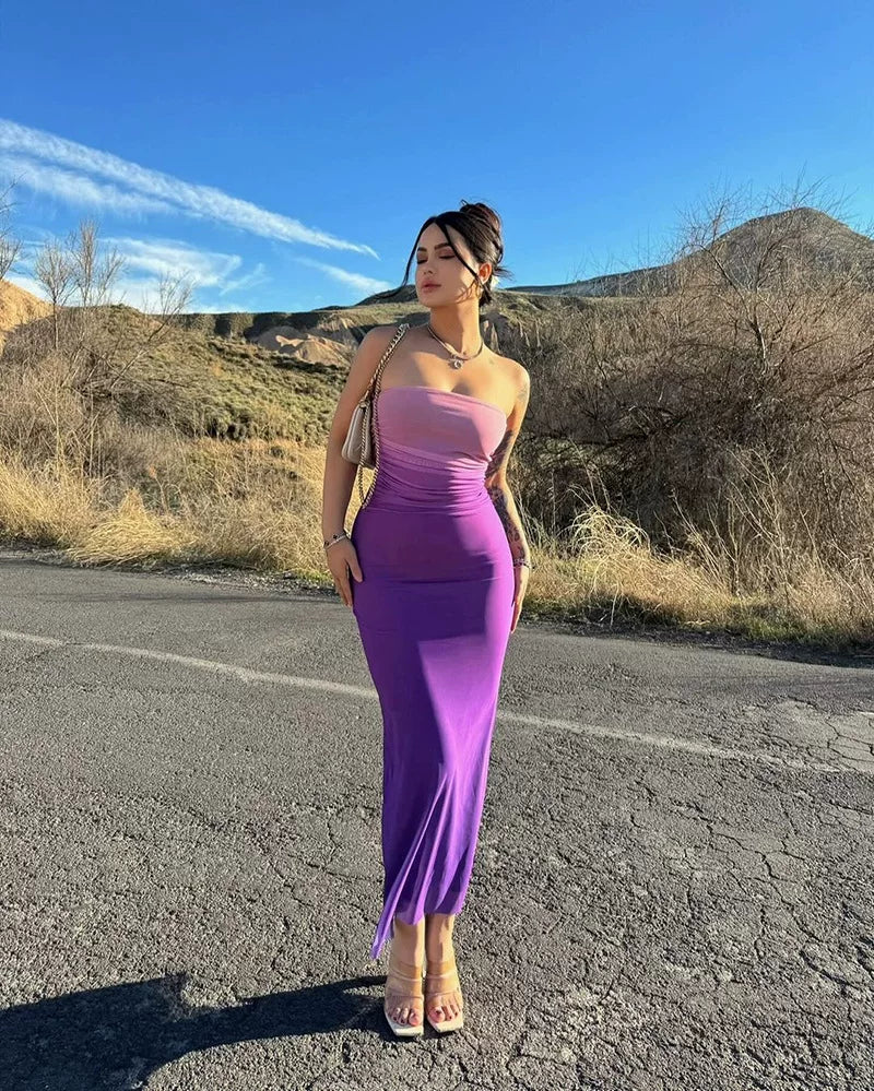 Bxucca | Gradient Tube Top Dress for Women – Slim-Fit Hip-Hugging Mid-Length Summer Skirt