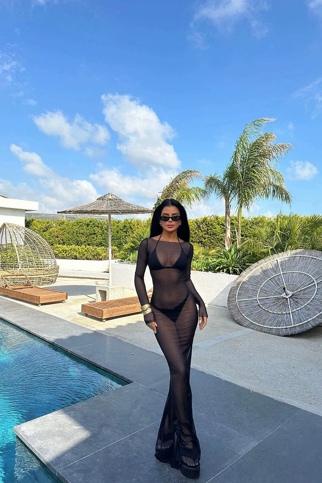 Bxucca | One-Shoulder Mesh Dress for Women – Slim-Fit See-Through Long-Sleeve Evening Gown