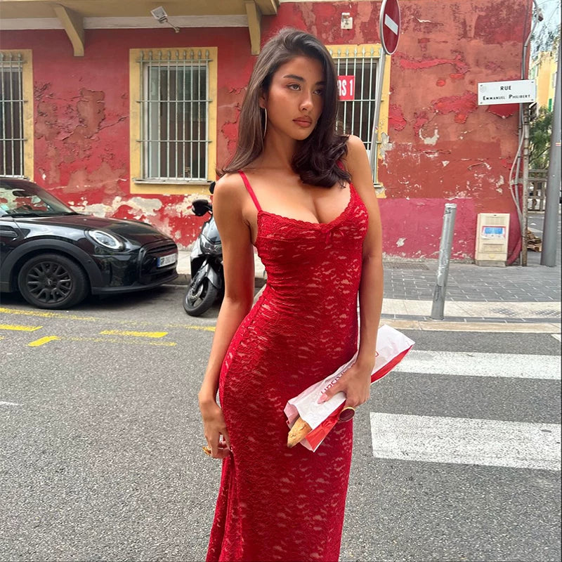 Bxucca | Lace-Trim Slim Suspender Dress for Women – Backless High-Waist Long Summer Outfit