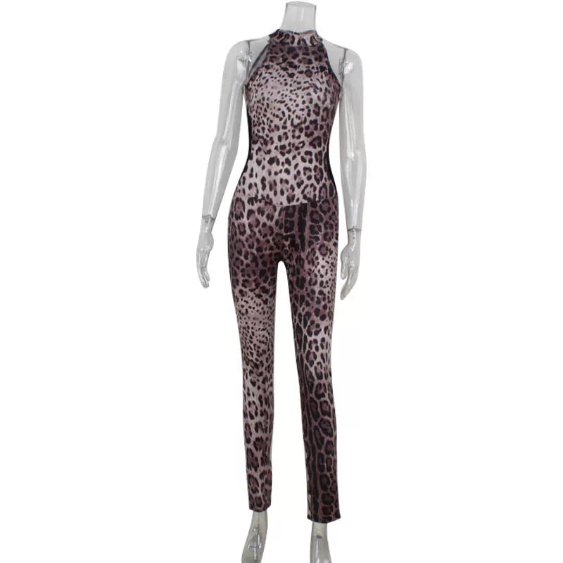 Bxucca | Leopard Print Mesh Spliced Sleeveless Jumpsuit for Women – Slim-Fit Elastic One-Piece