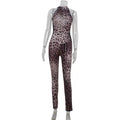 Bxucca | Leopard Print Mesh Spliced Sleeveless Jumpsuit for Women – Slim-Fit Elastic One-Piece