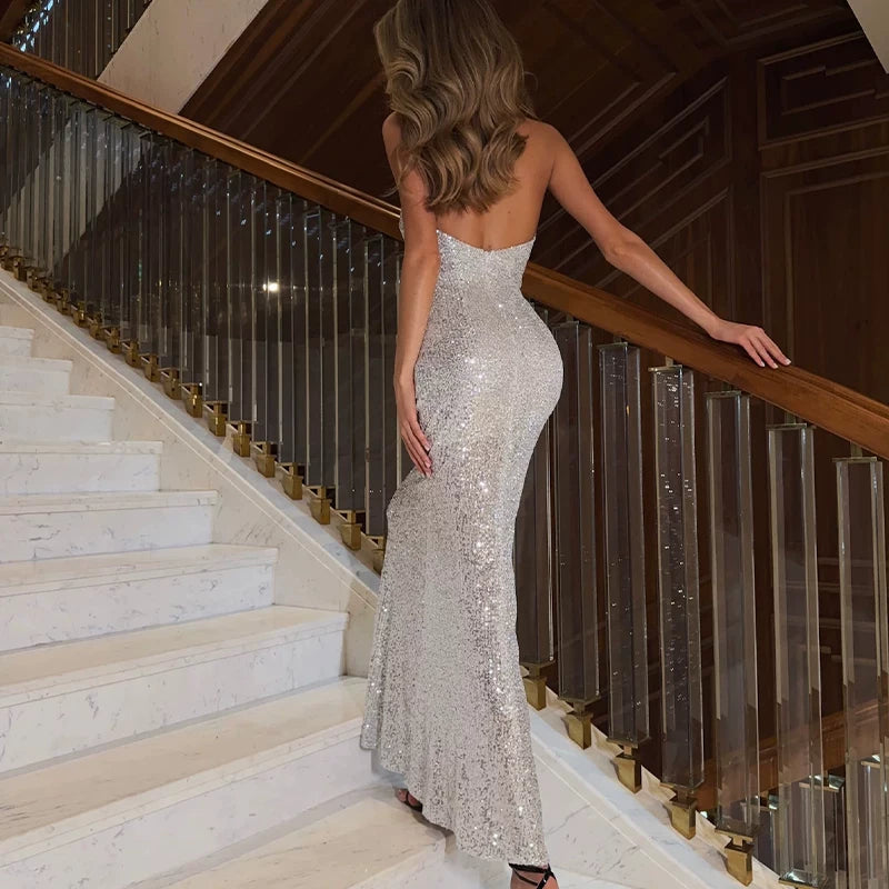 Bxucca | Sequin Halter Dress for Women – Sexy Backless Figure-Hugging Long Skirt