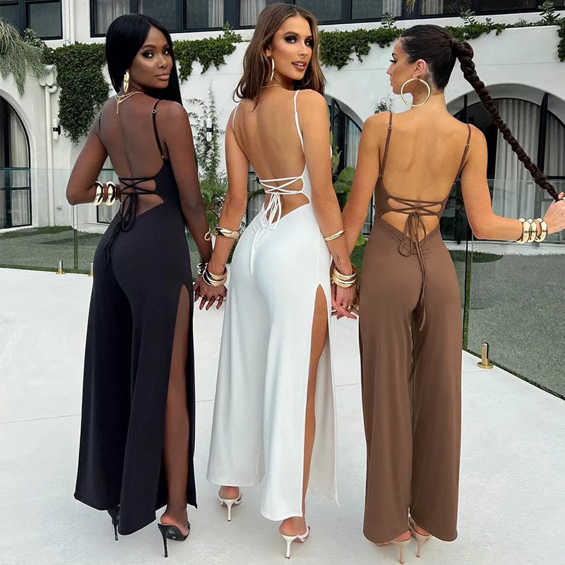 Bxucca | Solid Color Slit Trousers Strappy Backless Jumpsuit for Women – One-Piece Outfit