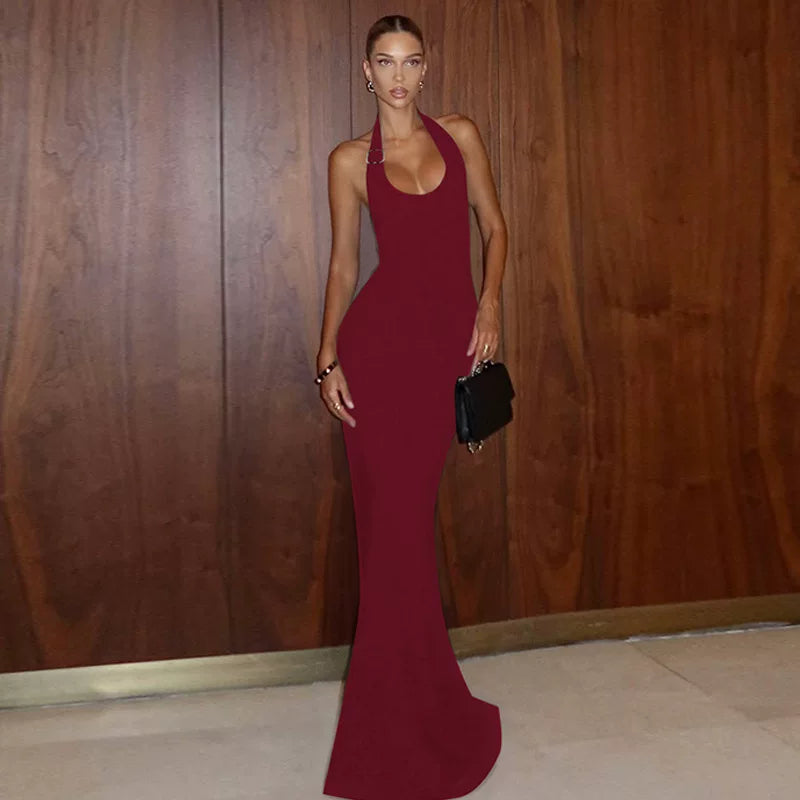 Bxucca | Ribbed Halterneck Long Skirt Dress for Women – Slim-Fit Backless Evening Gown