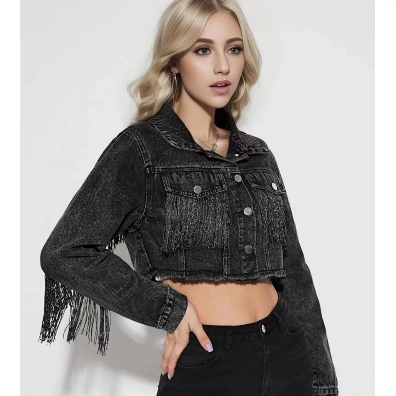 Bxucca | Fringed Denim Short Jacket for Women – Spring & Autumn Trendy Outerwear